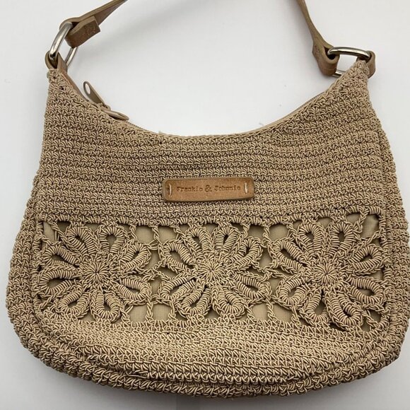 Frankie & Johnnie Shoulder Bag Purse Beige Crochet Rope Floral Coastal Boho - Picture 2 of 13